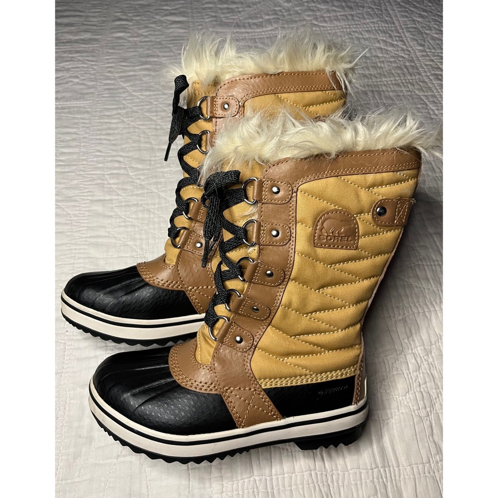 Sorel Tofino II Waterproof Winter Boots Tan Brown Faux Fur Quilted Boots Sz 2